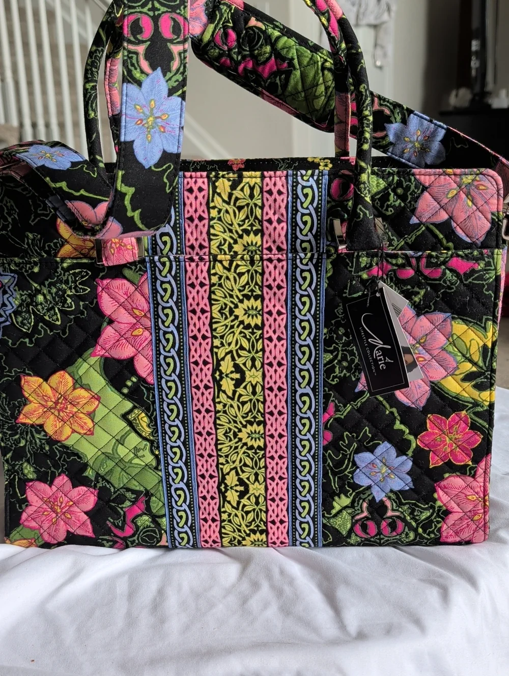 Quilted Floral Tote Bag in Black with Multicolor Accents by Vera Bradley